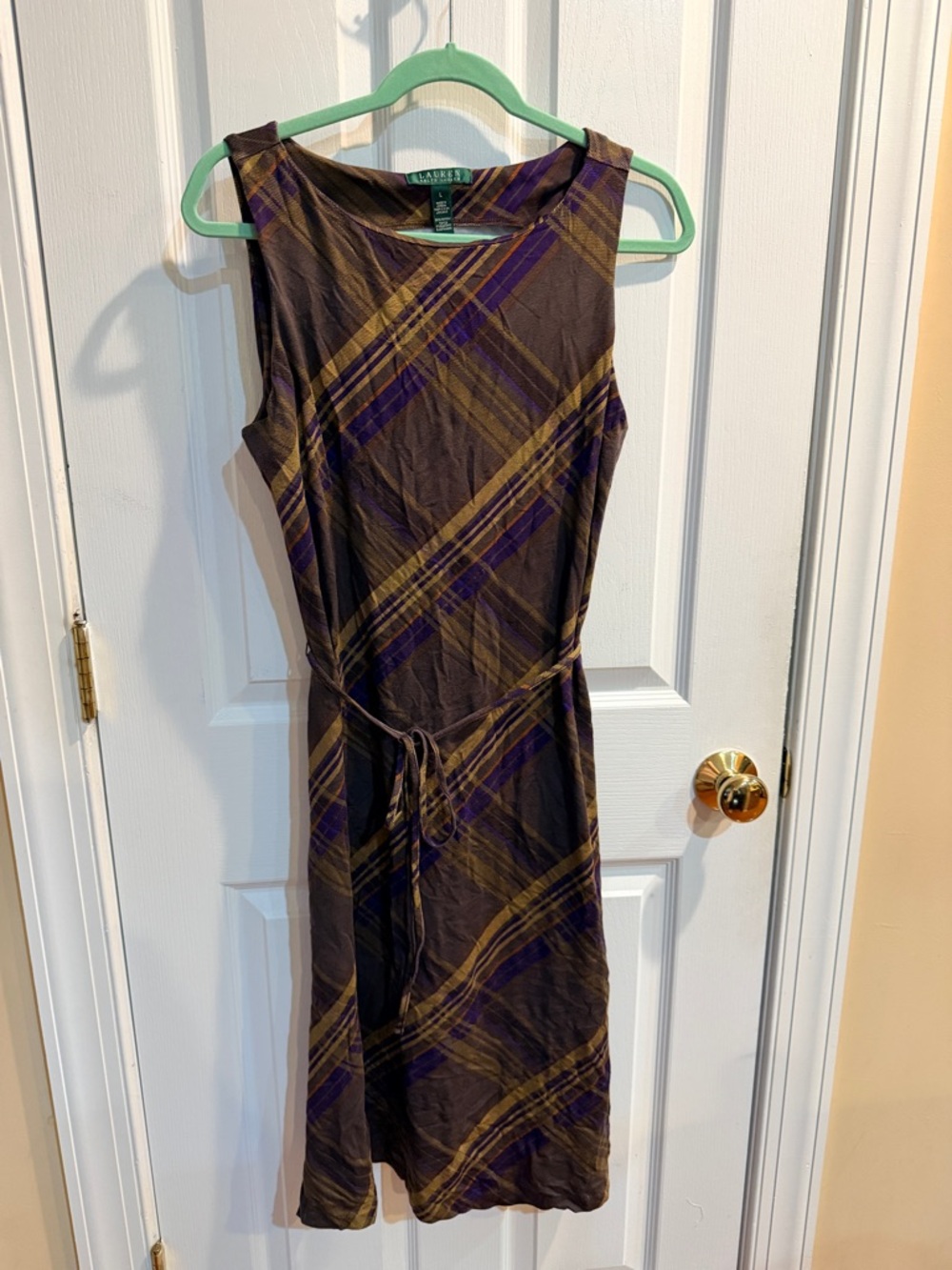 Ralph Lauren Brown & Purple Plaid Sleeveless Tie-Waist Dress Size Large